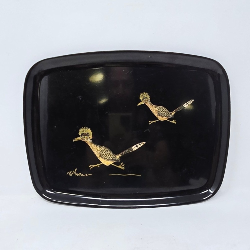 Vtg MCM Couroc roadrunner tray brass wood Inlay barware retro rustic desert-chic